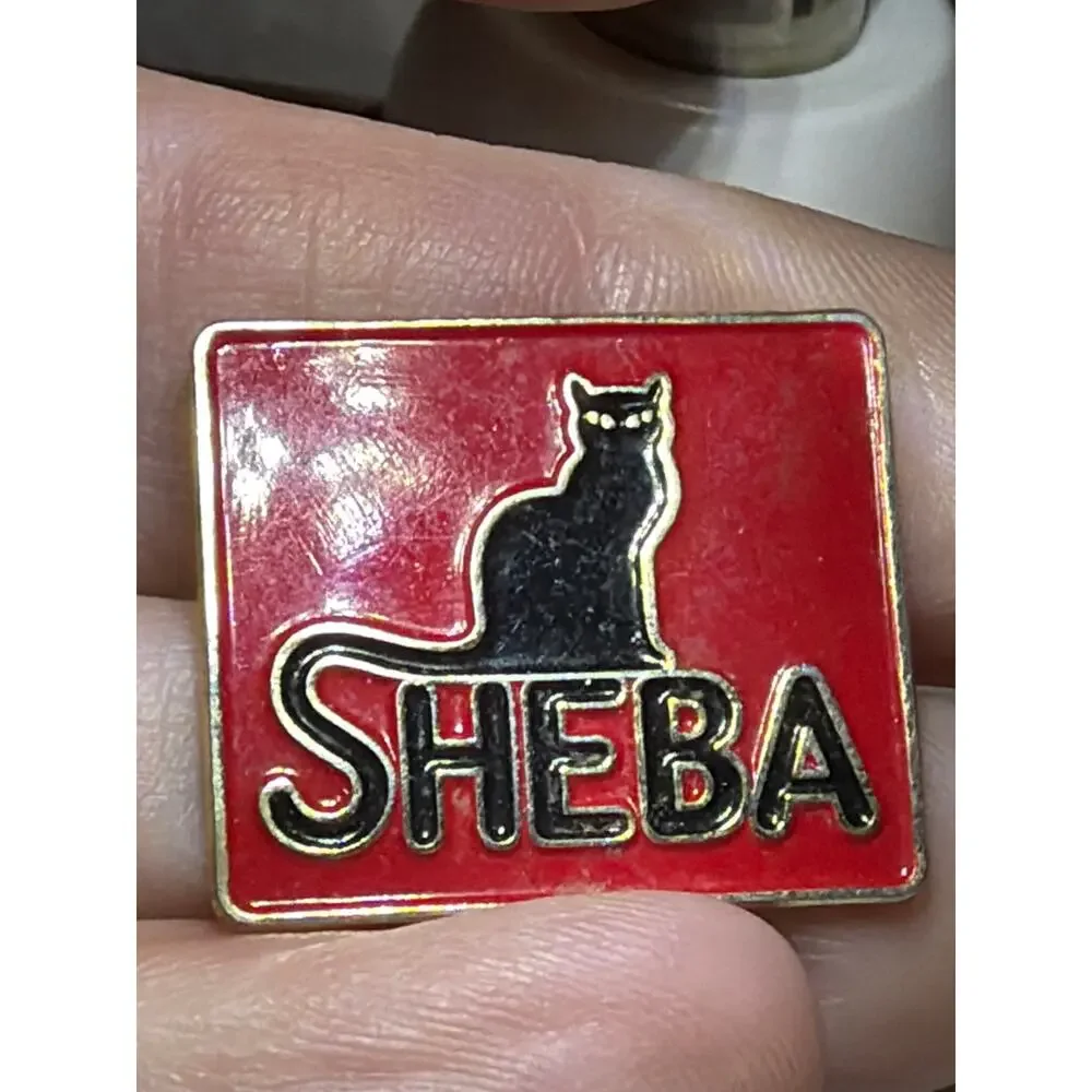 Vintage SHEBA Cat Food Advertising Enamel Lapel Pin Black Cat Red Promo Badge